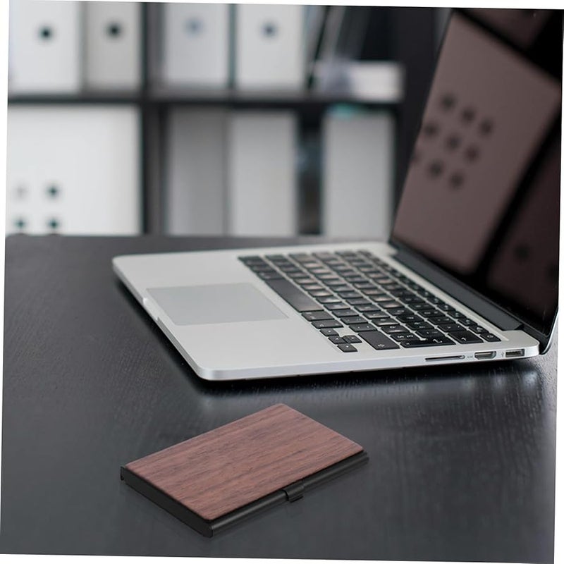 Wood Grain Metal Business Card Holder Slim Sturdy Storage Box For Office Home - Image 5
